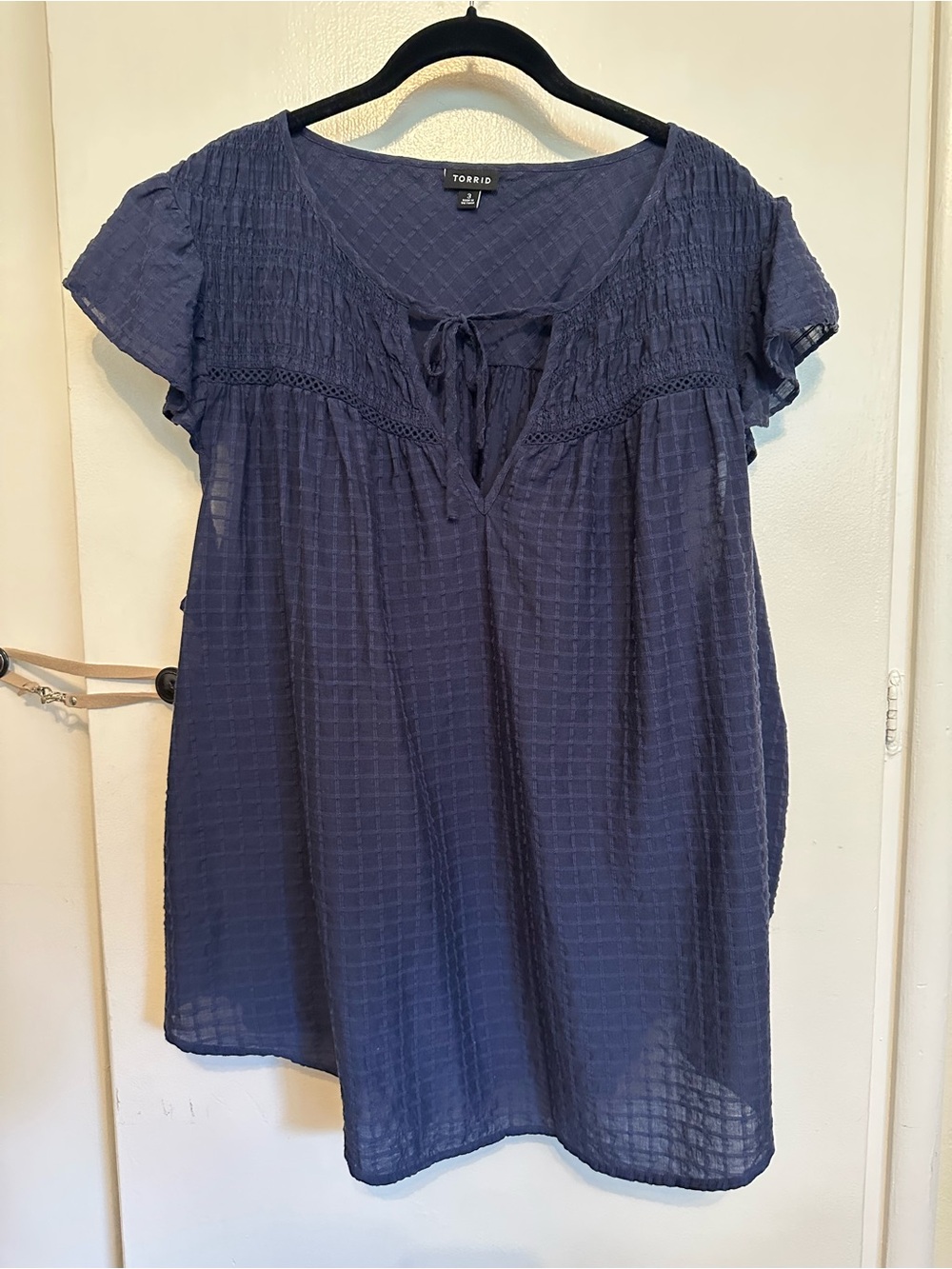 torrid navy textured peasant blouse with tie neckline